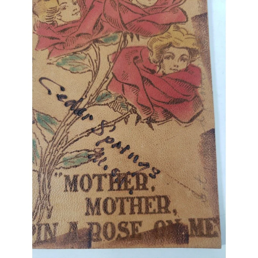 Antique Leather Postcard Mother Pin A Rose On Me Cedar Springs Michigan MI 1906